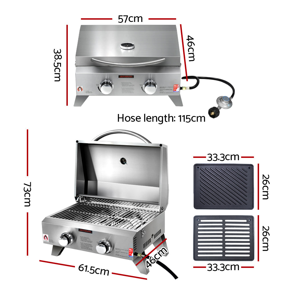 Portable Gas BBQ Grill 2 Burners with 2 Plates