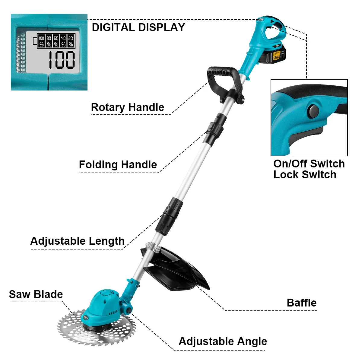 Makita Compatible 18V Gisam 10Inch Brushless Electric Lawn Mower 36000RPM Grass Trimmer Length Adjustable Garden Power Tool For Makita 18V Battery Pin