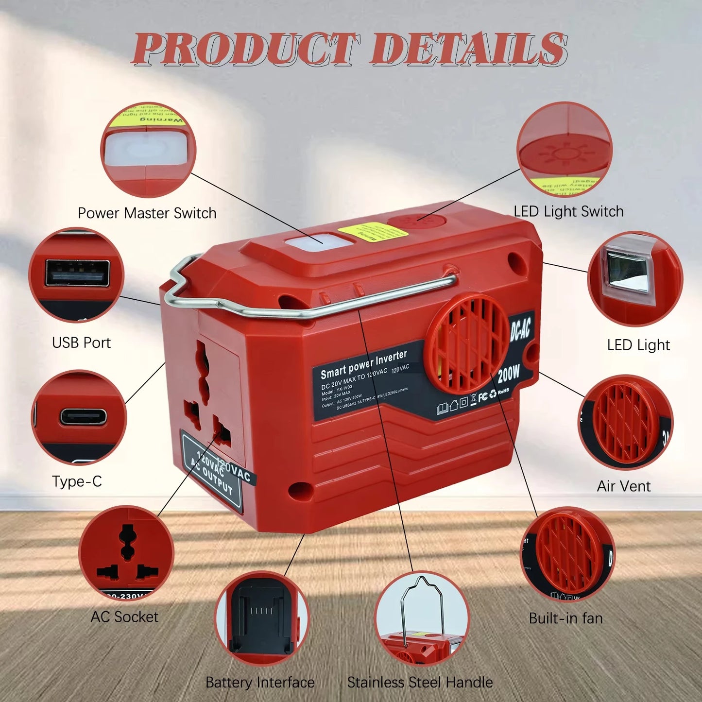 Milwaukee Compatible 18V JV 350W Power Supply Inverter For Milwaukee M18 18V Battery 4-Port to AC 110-120V/220-230V 300LM LED Light 4 USB Output for Outdoor