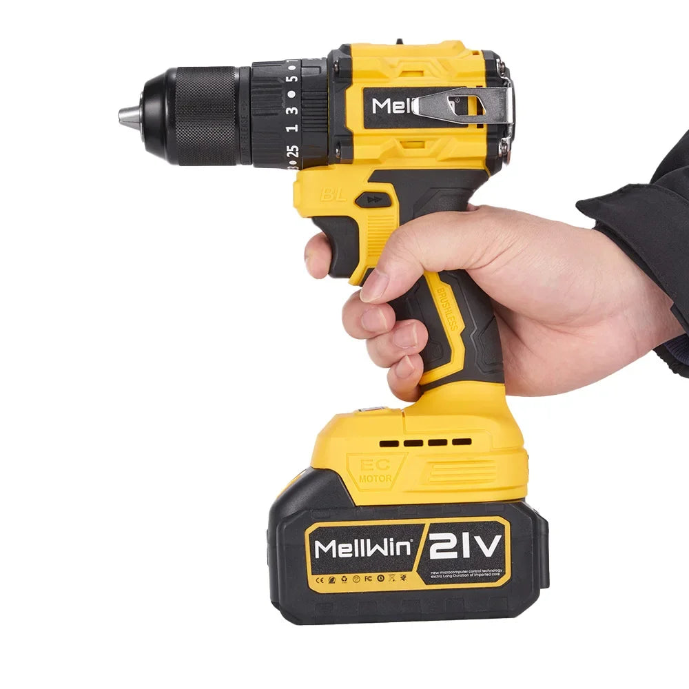 Makita Compatible 18V MELLWIN 13MM 25+3 Brushless Electric Hammer Drill Handheld Cordless Flat Drill Screwdriver Power Tools For Makita 18VBattery Pin