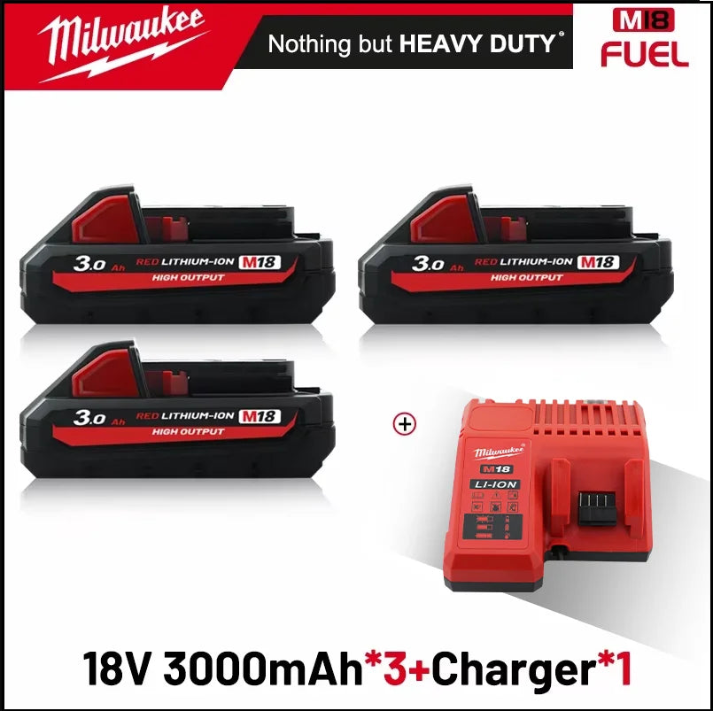 Milwaukee 3.0ah Original M18 B5 18V Li-ion Battery and Charger 1pk, 2pk 3pk with charger
