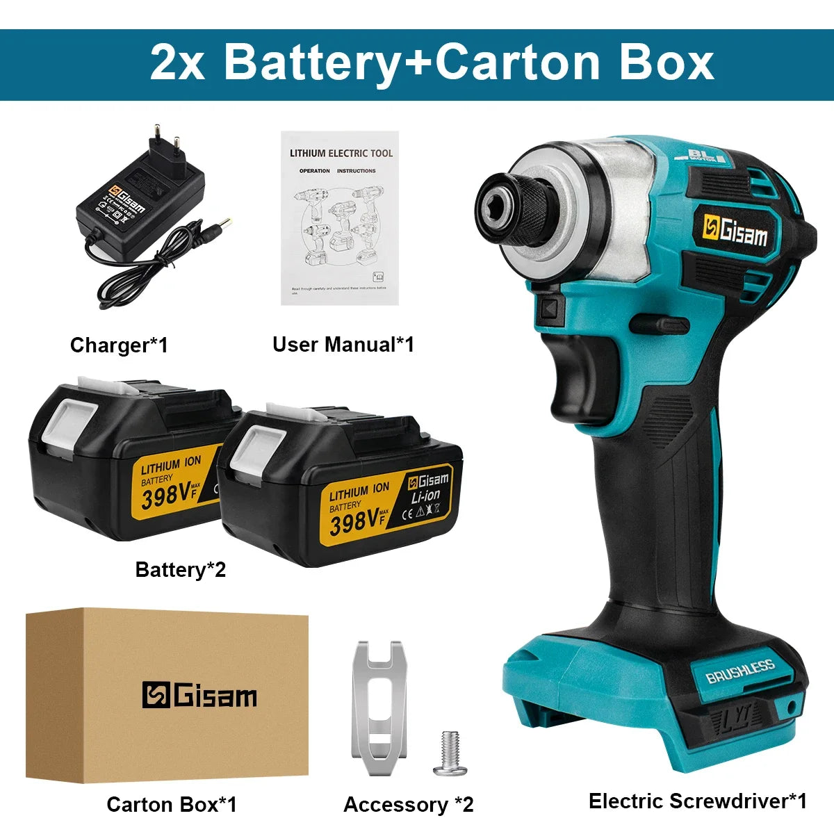 Makita 18V compatible Gisam 688N.m 1/4'' Brushless Electric Screwdriver Cordless Screwdriver Electric Drill Impact Driver Kit for Makita 18V Battery Pin