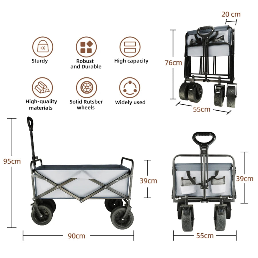 Trolley wagon JV Large Weight Capacity Heavy Duty Cart Collapsible Folding Beach Wagon with Big All-Terrain Wheels Outdoor Camping Equipment