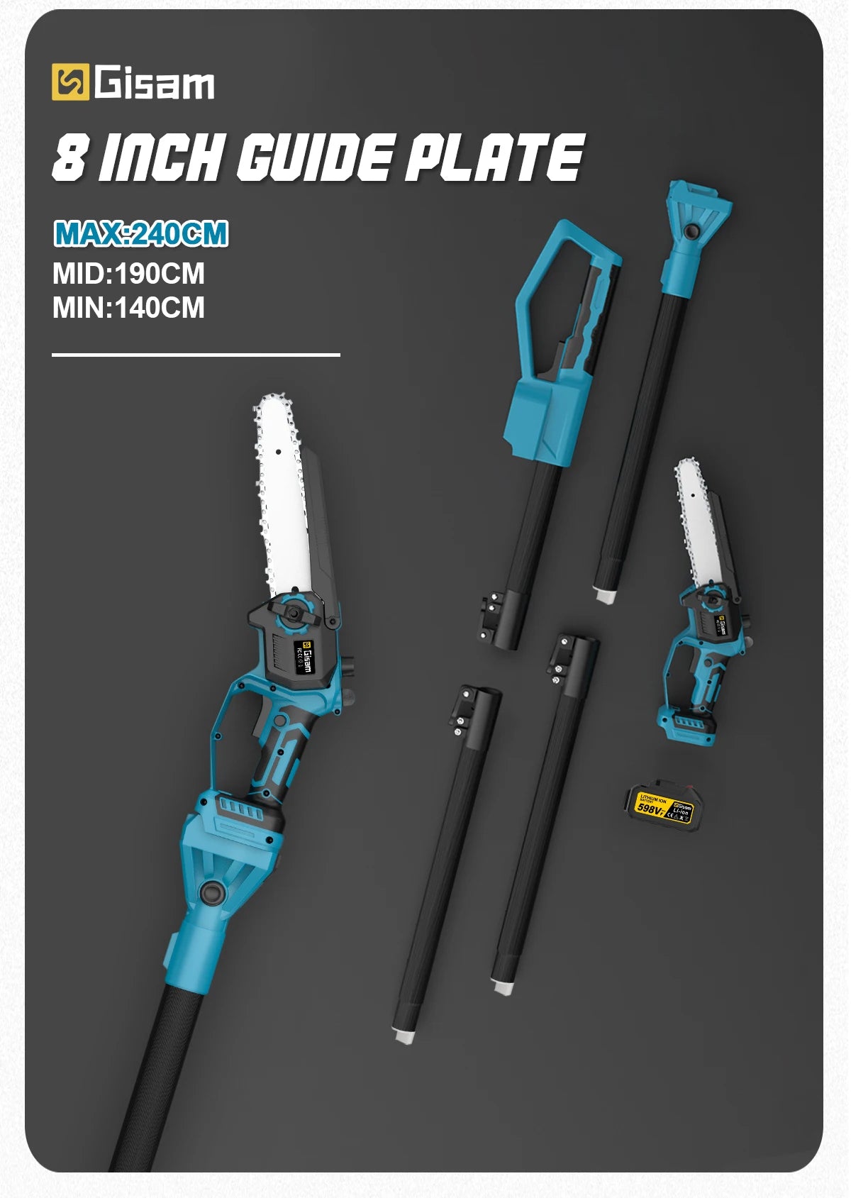 Makita 18V compatible Gisam 8Inch Brushless Telescoping Pole Electric Chainsaw High Branch Saw Garden Pruning Power Tool For Makita 18V Battery Pin