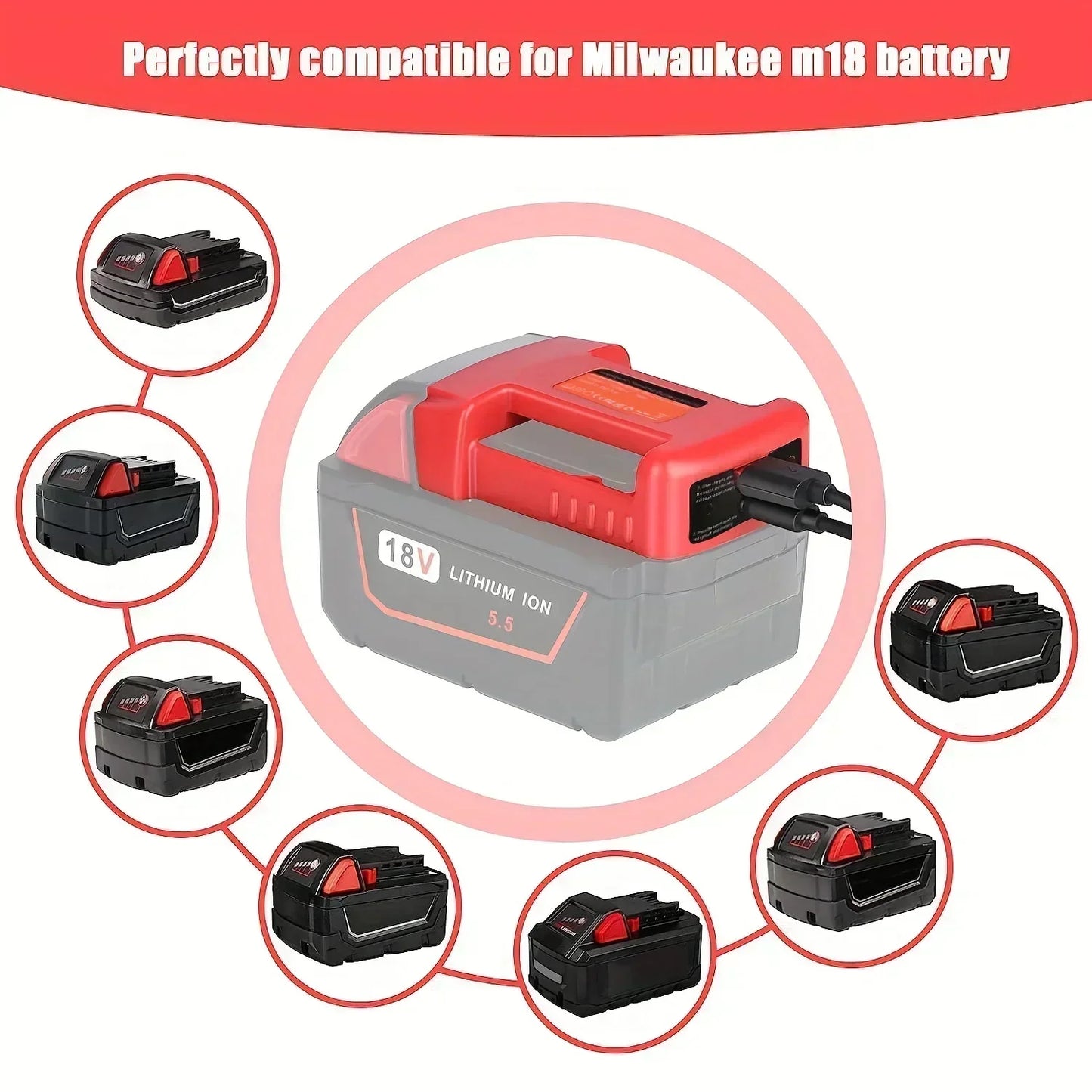 Milwaukee Compatible USB Charger Adapter Compatible For Milwaukee M18 18V Battery, Dual Output Port With USB And Type-C Charging Interface