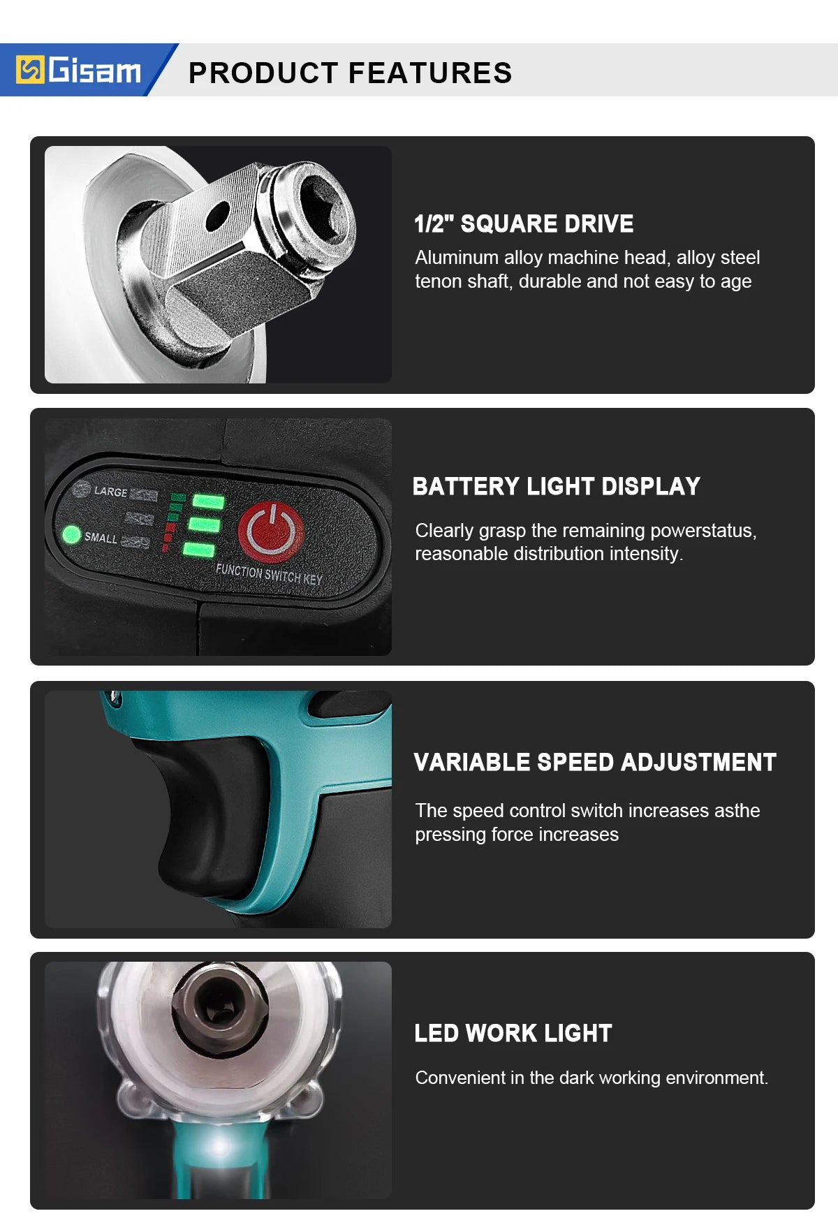 Makita 18V compatible Gisam 520N.M Brushless Electric Impact Wrench Cordless Electric Wrench 1/2inch for Makita 18V Battery Pin Screwdriver Power Tool