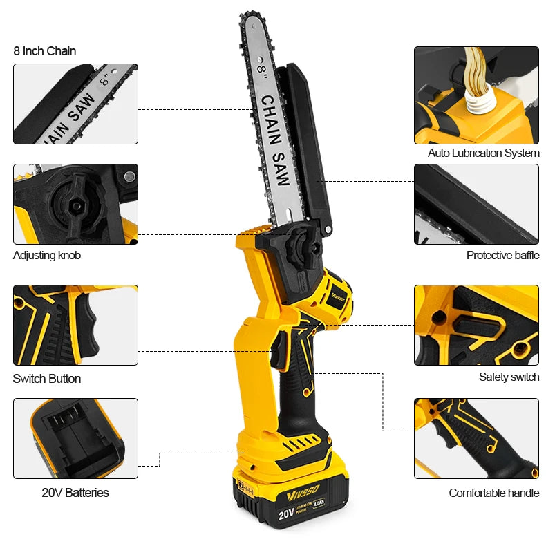 DeWalt Compatible JV 18V 20V Max VIVSSO Electric Chain Saw Rechargeable Woodworking Saw 8 Inch Mini Chain Saw Garden Pruning Saw Tool For Dewalt 20v Battery Pins
