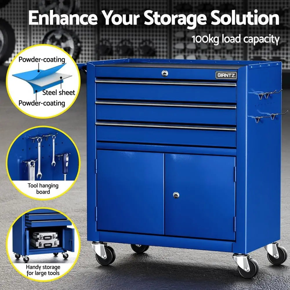 3 Drawers Large Tool Chest Trolley, Lockable Tool Box Tools Storage Box Cabinet Cart Garage Ute Organiser Boxes, 100kg Capacity