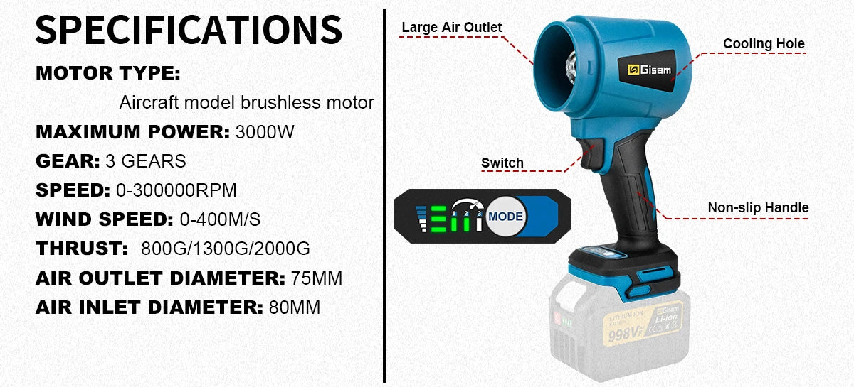 Makita Compatible 18V Gisam 300000RPM 400M/S Brushless Electric Turbo Blowers Jet Fan Handheld Leaf Blower Dust Blowing for Makita 18V Battery Pins