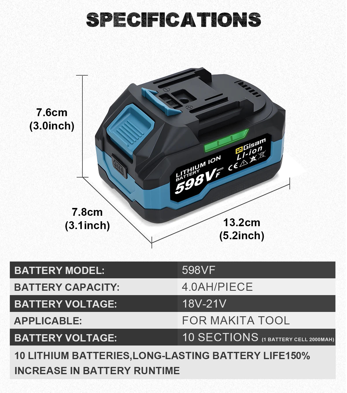 Makita Compatible 18V Gisam Rechargeable Battery 4.0AH 6.0AH Power Tool Lithium battery Led indicator batteries Pack For Makita 18v Battery Pins