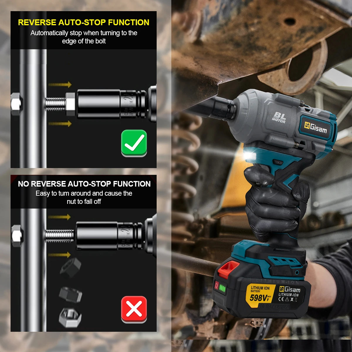 Makita 18V Compatible Gisam 2000N.M Torque Brushless Electric Impact Wrench 1/2 inch Screwdriver Cordless Wrench Power Tool For Makita 18V Battery Pin