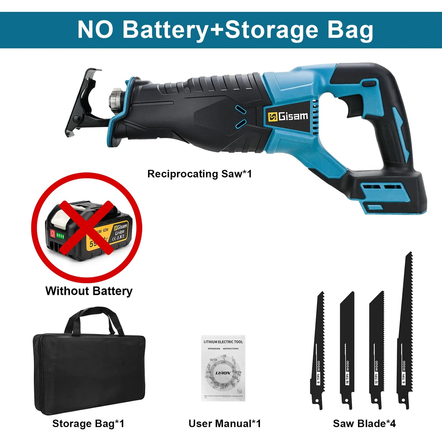 Makita Compatible 18V Gisam 3000W 10000SPM Electric Reciprocating Saw Electric Chainsaw Saber Saw Portable Cordless Tool For makita 18v battery pin