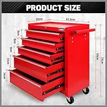 Tool Chest 5-Drawer Tool Cart, Lockable Storage Trolley Workshop Rolling Cabinet Tool Box Chest Organiser, 3" Swivel Wheels with Brake (Red