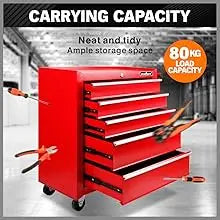 Tool Chest 5-Drawer Tool Cart, Lockable Storage Trolley Workshop Rolling Cabinet Tool Box Chest Organiser, 3" Swivel Wheels with Brake (Red