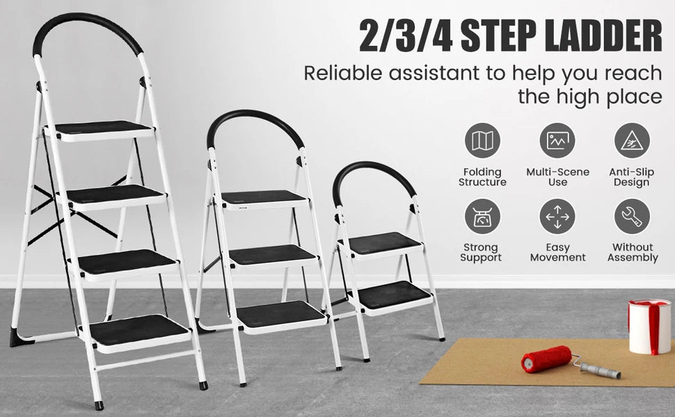 Step ladder 4 Step, Folding Step Stool Stepladders W/Widen Pedal, Portable Step Ladder for Home and Kitchen Use, 150KG Weight Capaci