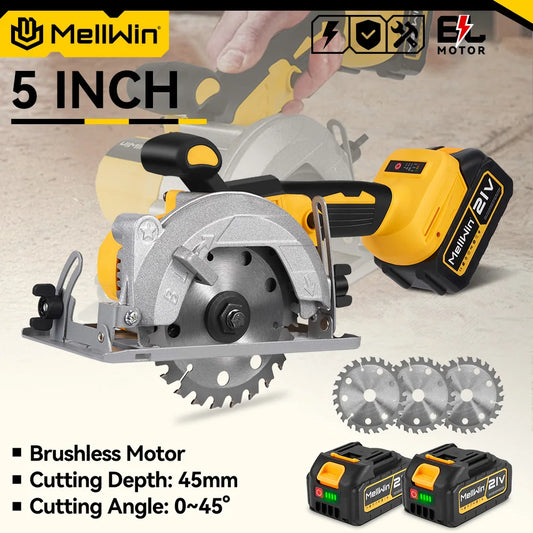Makita Compatible 18V MELLWIN 5 Inch Electric Brushless Circular Saw 125MM Cordless Multi-Angle Saw Woodworking Power Tool For Makita 18V Battery Pin