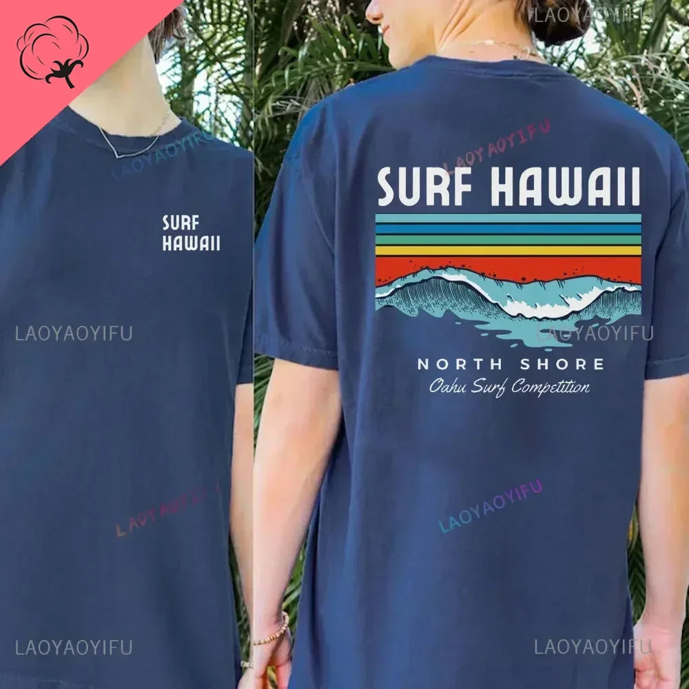 Hawaiian Traditions North Shore JV Printed Hawaii Surfing Men Women White High Qulaty Cotton T-shirt Comfortable Beach-style Surf Tee Tops