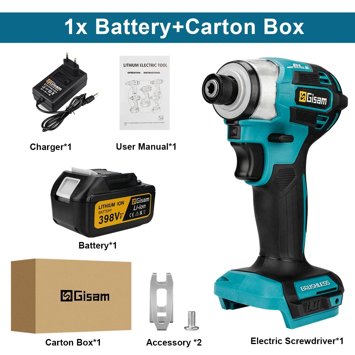 Makita 18V compatible Gisam 688N.m 1/4'' Brushless Electric Screwdriver Cordless Screwdriver Electric Drill Impact Driver Kit for Makita 18V Battery Pin
