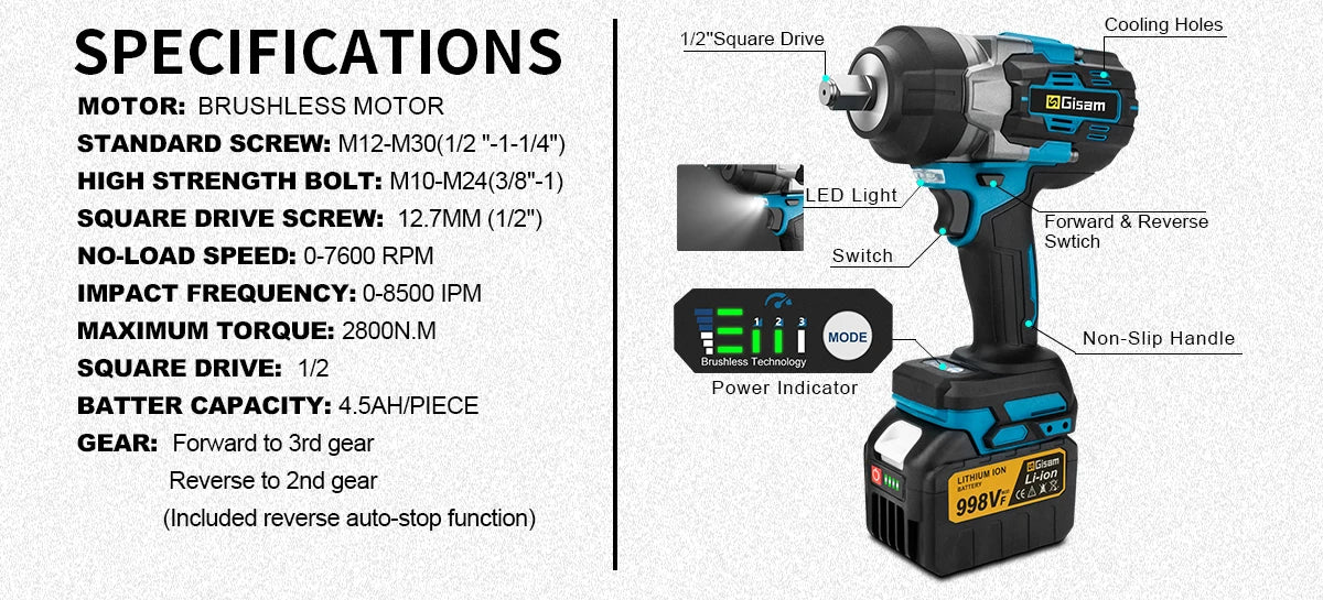 Makita 18V compatible Gisam 2800N.M Torque Brushless Electric Impact Wrench 1/2 inch Screwdriver Cordless Wrench Power Tool For Makita 18V Battery Pin