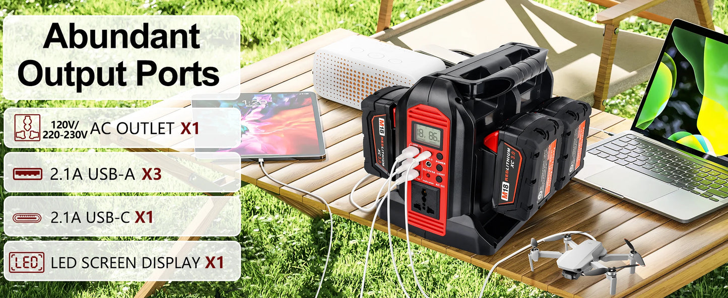 Milwaukee Compatible 18V JV 350W Power Supply Inverter For Milwaukee M18 18V Battery 4-Port to AC 110-120V/220-230V 300LM LED Light 4 USB Output for Outdoor