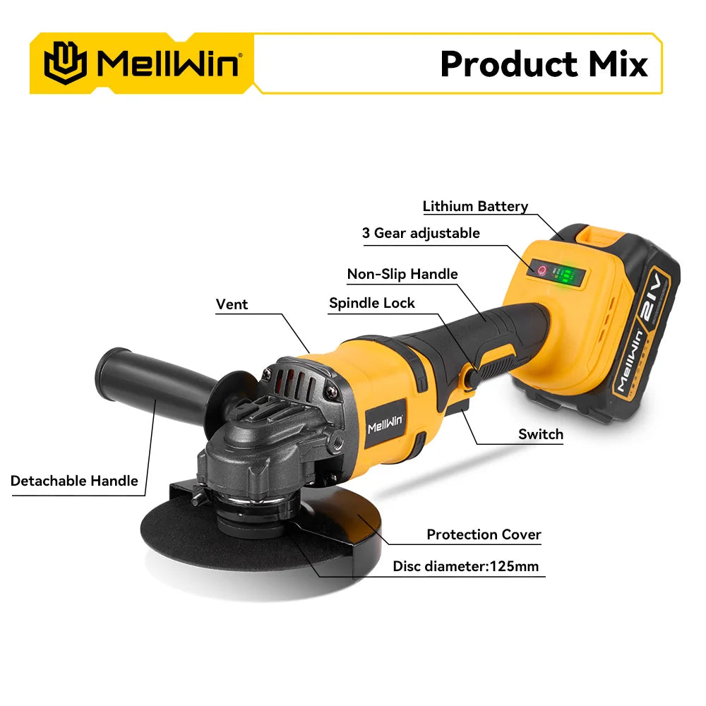 Makita Compatible 18V MELLWIN 125MM Brushless Electric Angle Grinder M14 Cordless Metal Wood Grinding Polishing Cutting Tool For Makita 18VBattery Pin