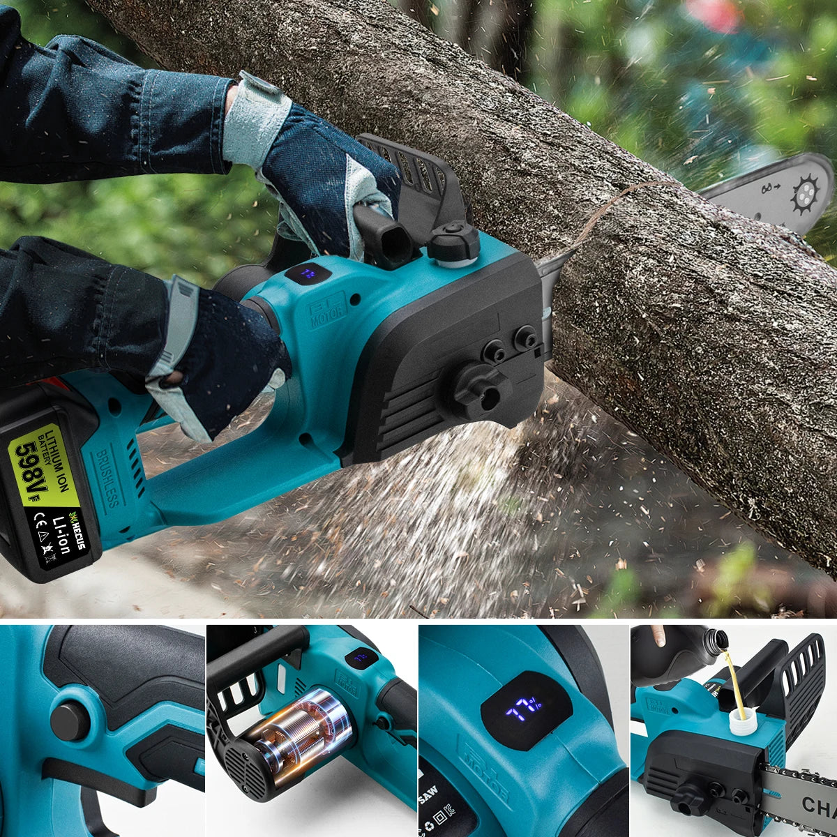 Makita Compatible 18V Gisam 12 Inch Brushless Electric Chain Saw With Oiler Cordless Handheld Chainsaw Graden Pruning Saw Power Tools for Makita 18V Battery