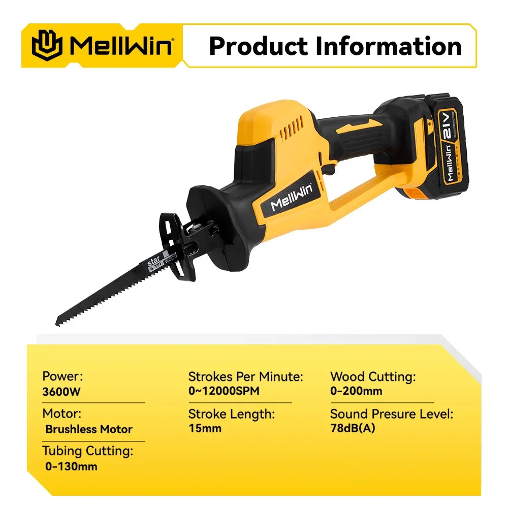 Makita Compatible 18V MELLWIN 3600W Cordless Brushless Electric Reciprocating Saw 12000SPM Wood Metal Pipe Cutting Saw Tool For Makita 18V Battery Pin