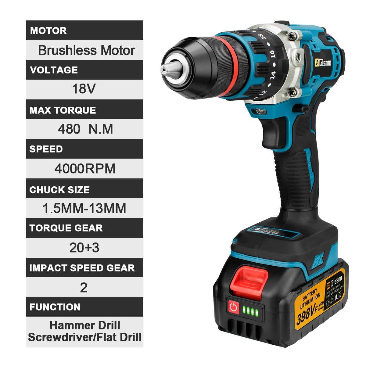 Makita Compatible 18V Gisam 13mm 480N.M Brushless Electric Impact Drill Cordless Drill Electric Screwdriver DIY Driver Power Tool for Makita 18V Battery Pin