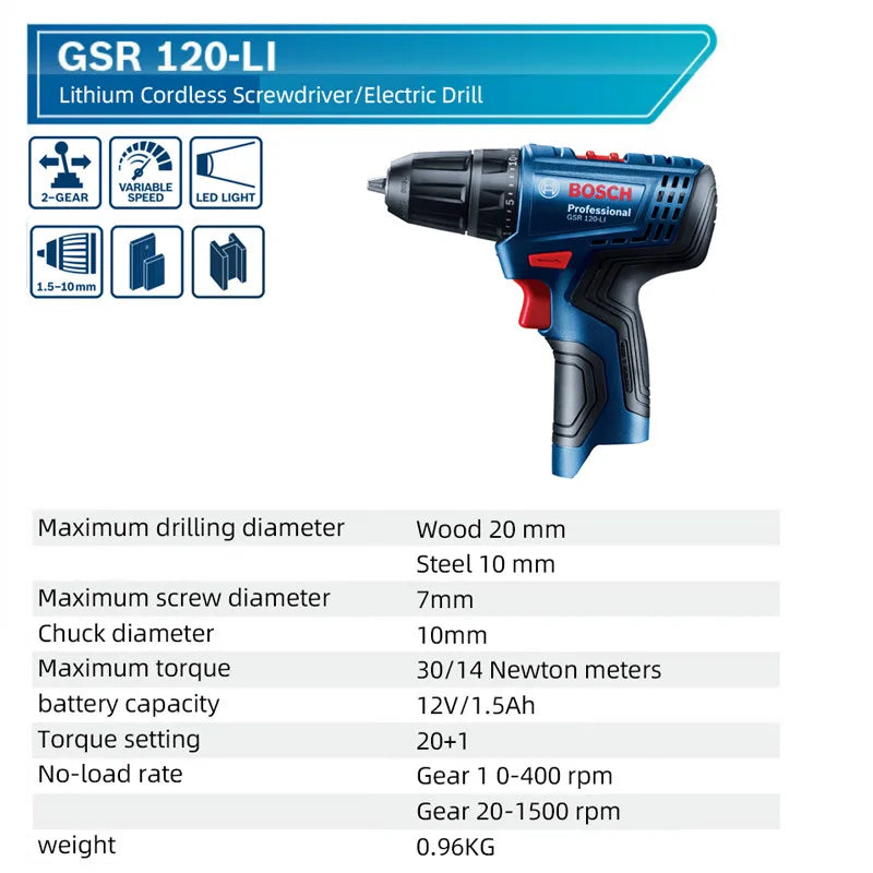 Bosch Professional Cordless Drill GSR 120-LI 12V Multi-Function Electric Driver Electric Screwdriver Power Tool (Bare Tool)