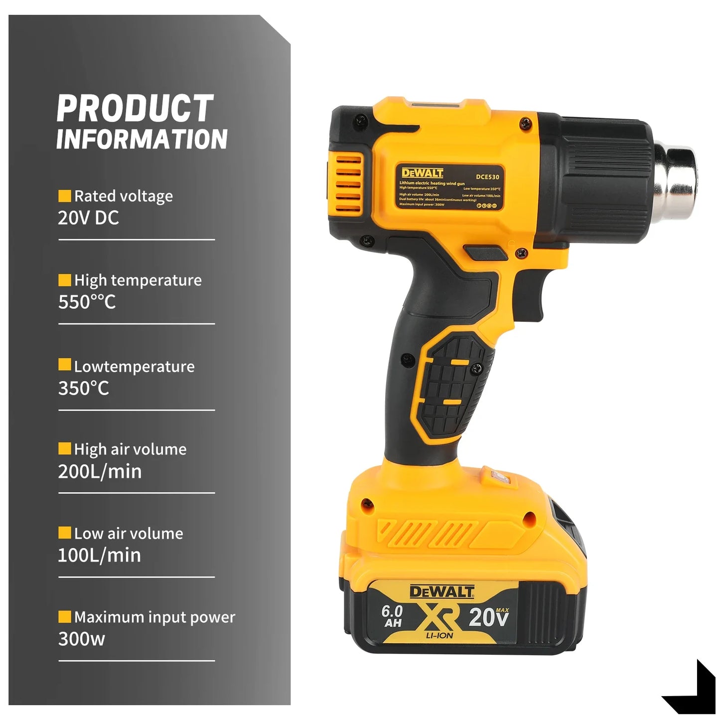 Dewalt 18V 20V MAX DCE530 Cordless Heat Gun with 6.0Ah battery, Charger and 5x attachments