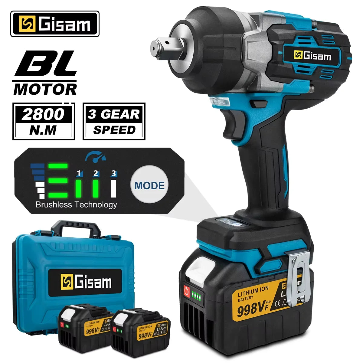 Makita 18V compatible Gisam 2800N.M Torque Brushless Electric Impact Wrench 1/2 inch Screwdriver Cordless Wrench Power Tool For Makita 18V Battery Pin