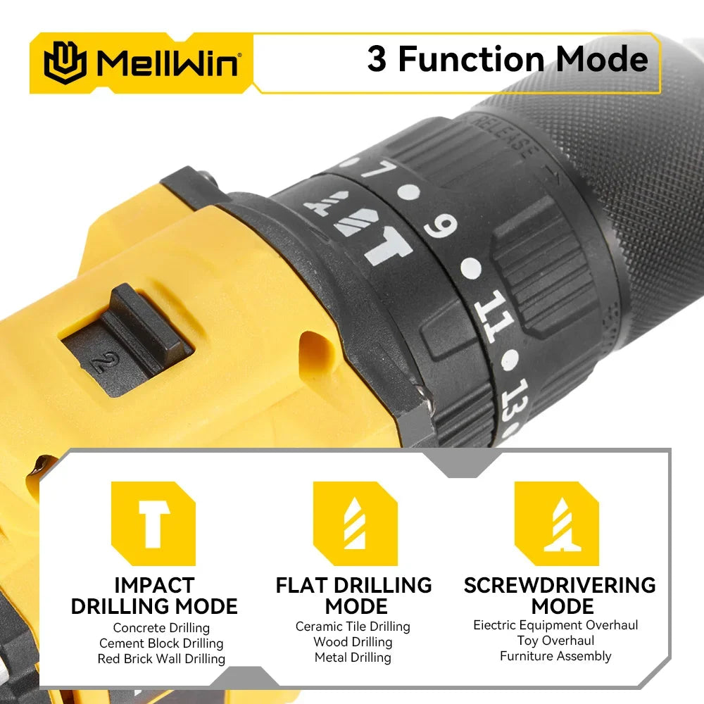 Makita Compatible 18V MELLWIN 13MM 25+3 Brushless Electric Hammer Drill Handheld Cordless Flat Drill Screwdriver Power Tools For Makita 18VBattery Pin