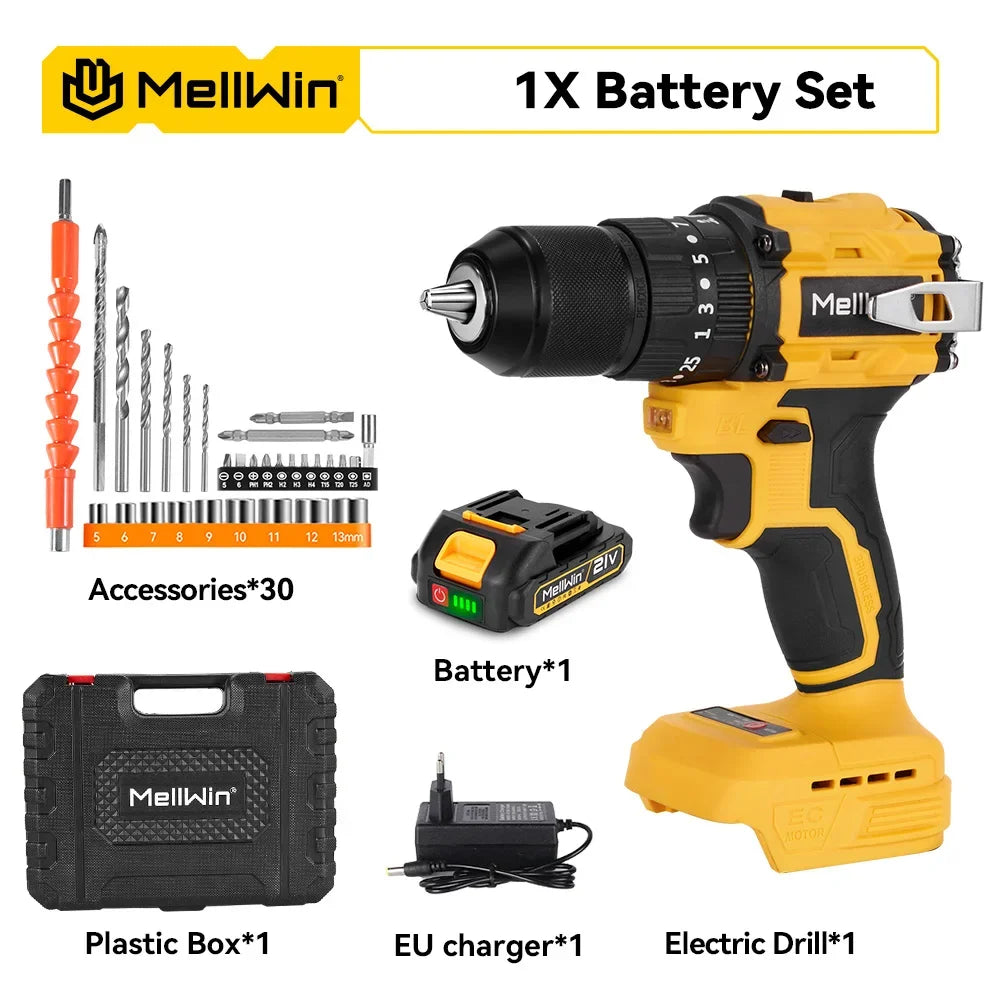 Makita Compatible 18V MELLWIN 13MM 25+3 Brushless Electric Hammer Drill Handheld Cordless Flat Drill Screwdriver Power Tools For Makita 18VBattery Pin