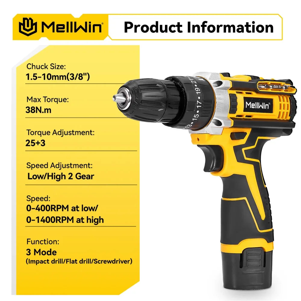 MELLWIN 25+3 Torque Electric Drill 12V Cordless Drill Electric Screwdriver 2 Gear Speed Adjustable Mini Electric Driver Tool Set