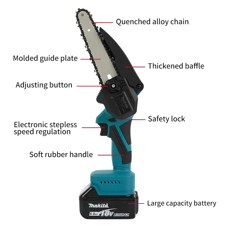 Makita 18V 4" Mini Chainsaw 4-inch Electric Saw Handheld Portable Wood Logging Chainsaw Garden Pruning Wood Power Tool for 18V Battery
