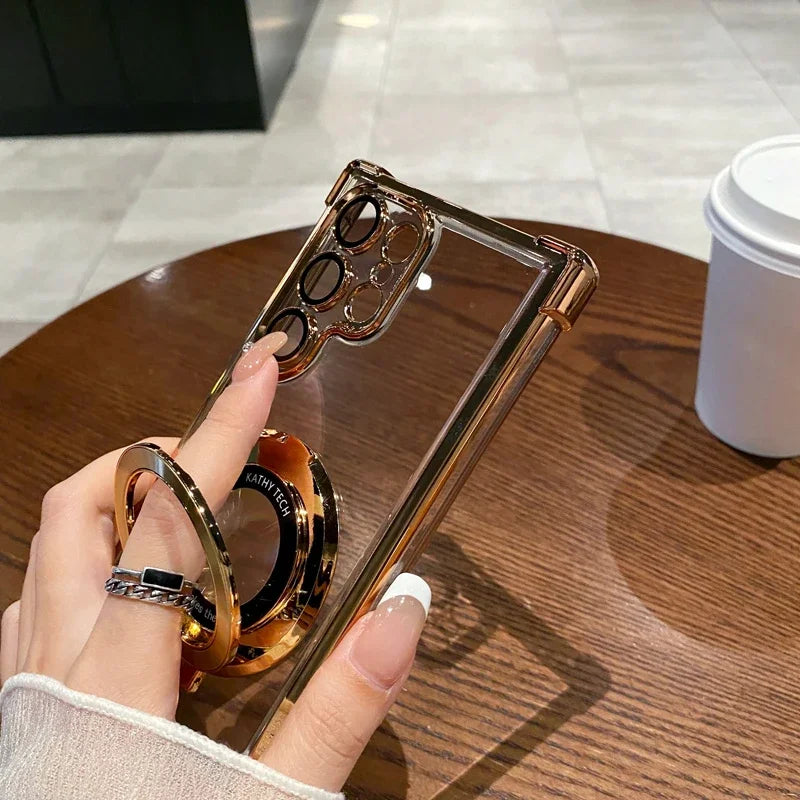 Samsung Galaxy Four Corners Anti Drop Case Transparent Electroplated Magnetic Stand Protective Case For Samsung Galaxy S25 S24 S23 S22 Ultra Plus
