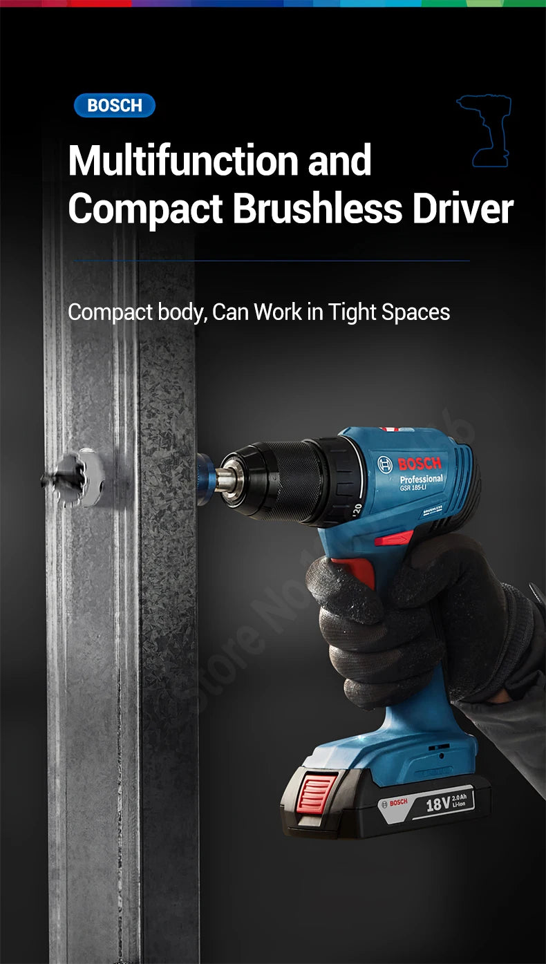 BOSCH GSR 185-LI Cordless Drill Driver Screwdriver For Metal Wood Wall 18V Professional Brushless Motor Power Tool GSR185-LI