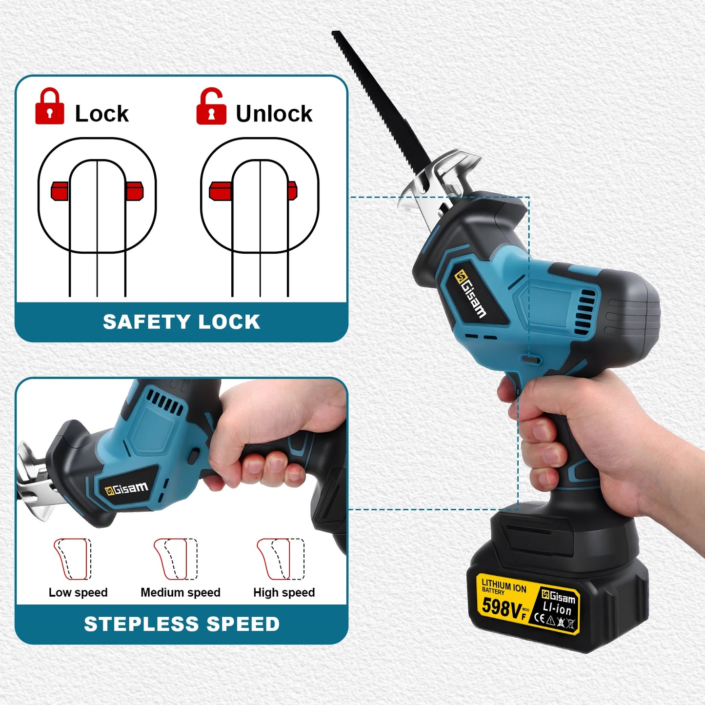 Makita Compatible 18V Gisam 12000Spm 3600W Brushless Reciprocating Saw Cordless Electric Chainsaw Wood Metal Cutting Tools For makita 18v battery pins