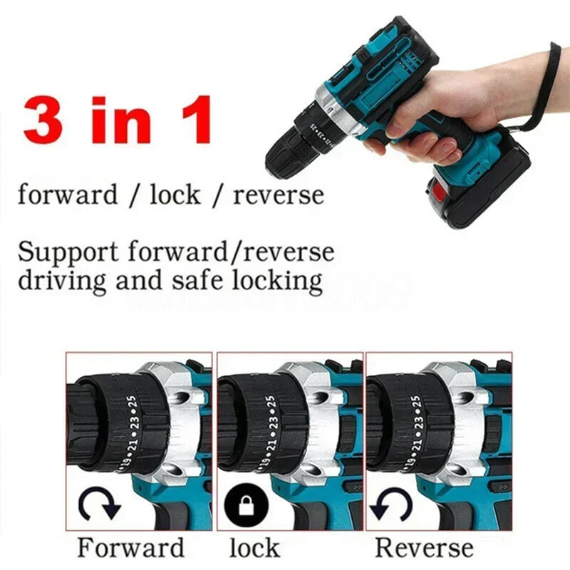 Makita Compatible 18V JV Gisam Cordless Impact Drill set with 2x batteries and charger Electric Screwdriver Rechargeable Handheld Hammer Drill Power Tool 25+3 Torque Driver Li-ion Battery