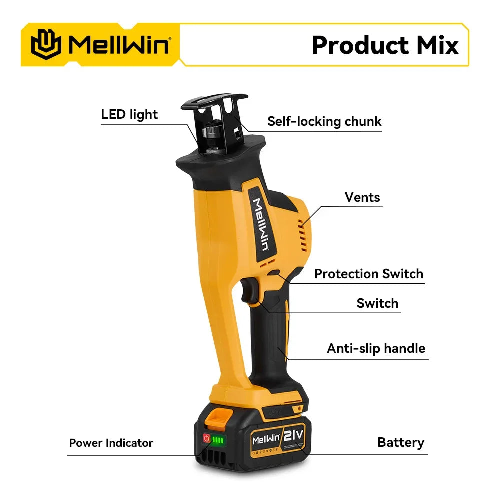 Makita Compatible 18V MELLWIN 3600W Cordless Brushless Electric Reciprocating Saw 12000SPM Wood Metal Pipe Cutting Saw Tool For Makita 18V Battery Pin