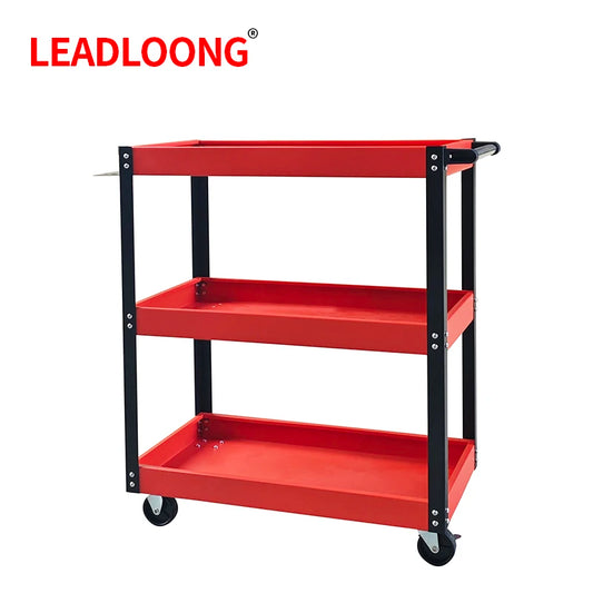 Trolley LEADLOONG Car Repair Bench 3 Tier Rolling Tool Cart, 330 Lbs Capacity, Red, 3 Shelves Steel Utility Cart for Garage, Workshop