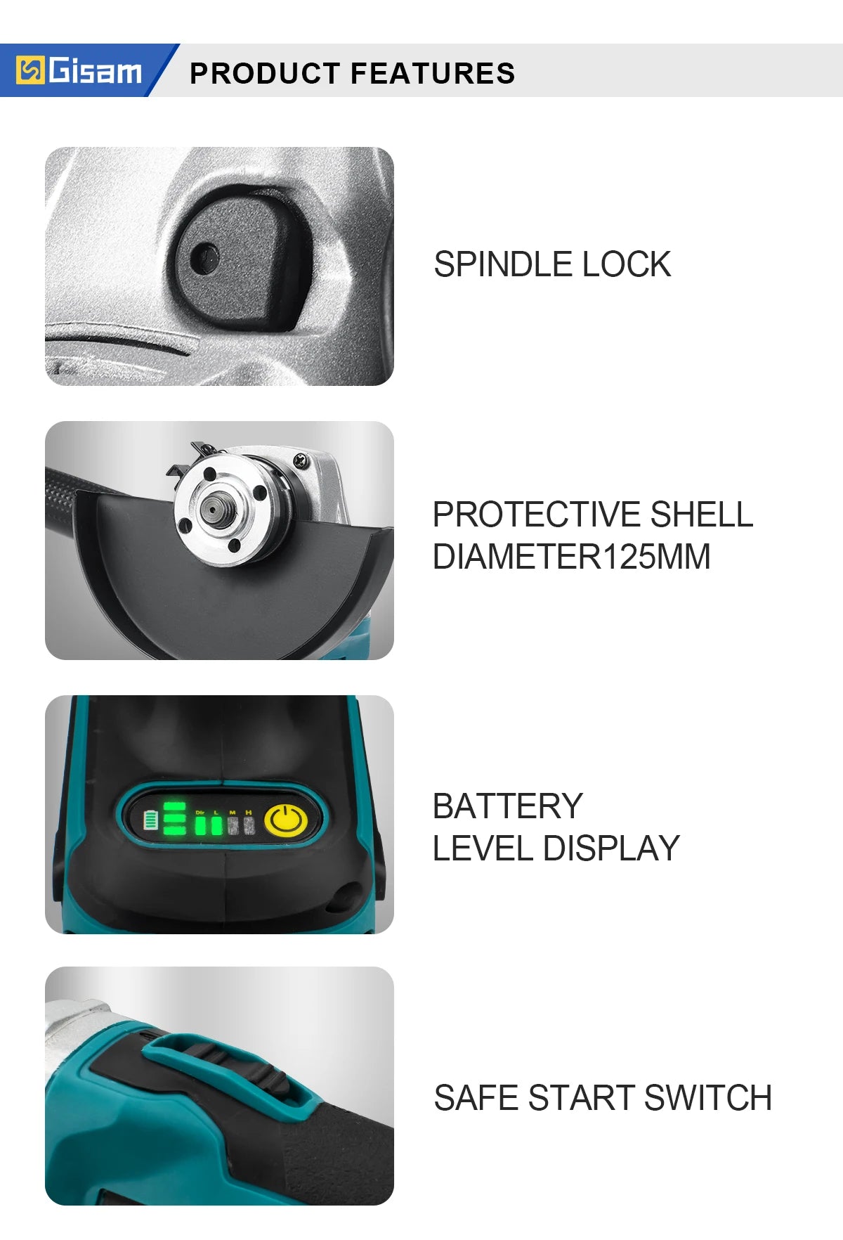 Makita 18V compatible Gisam 125mm M14 Brushless Angle Grinder Cutting Machine Cordless Electric Angle Grinder Power Tools for Makita 18V Battery Pins