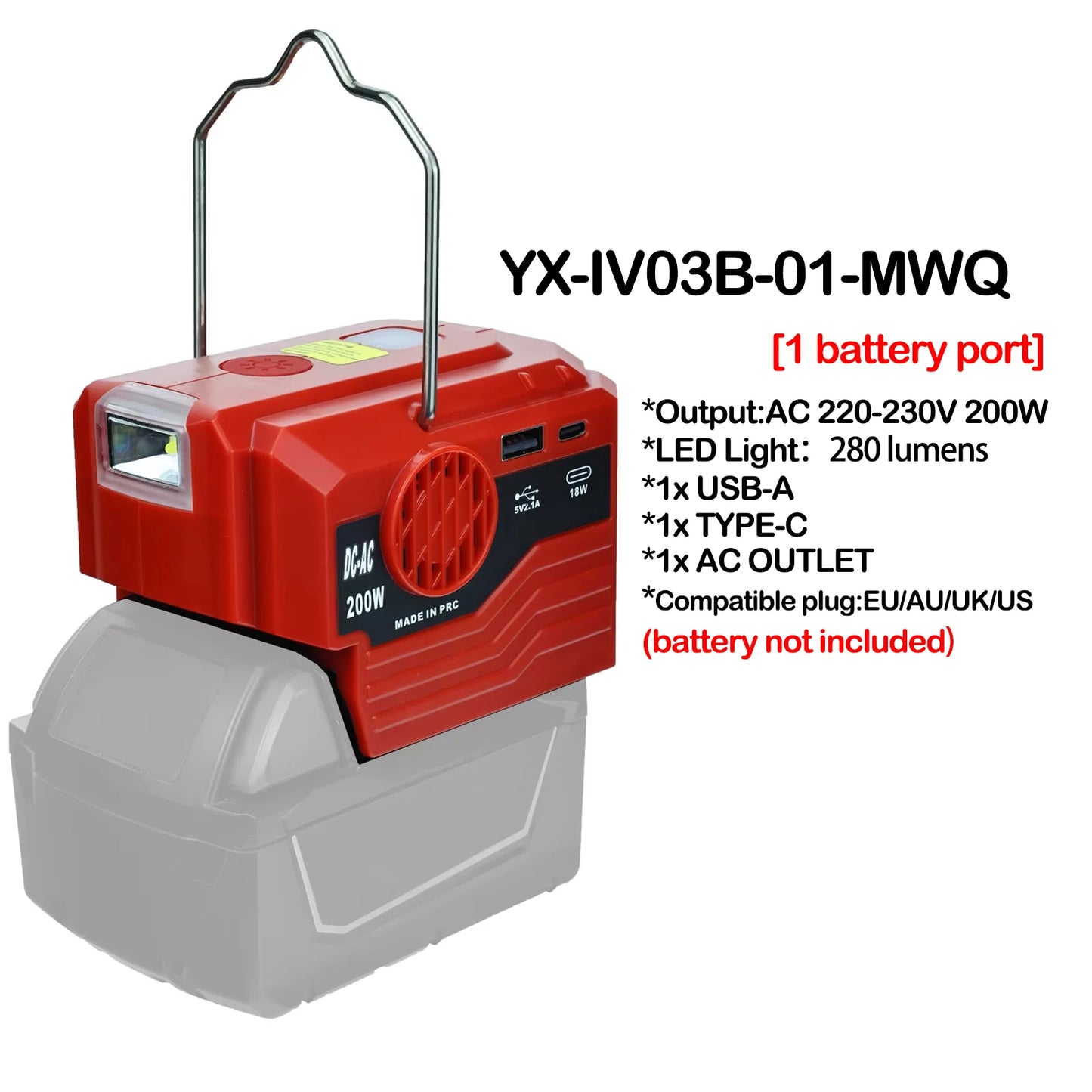 Milwaukee Compatible 18V JV 350W Power Supply Inverter For Milwaukee M18 18V Battery 4-Port to AC 110-120V/220-230V 300LM LED Light 4 USB Output for Outdoor