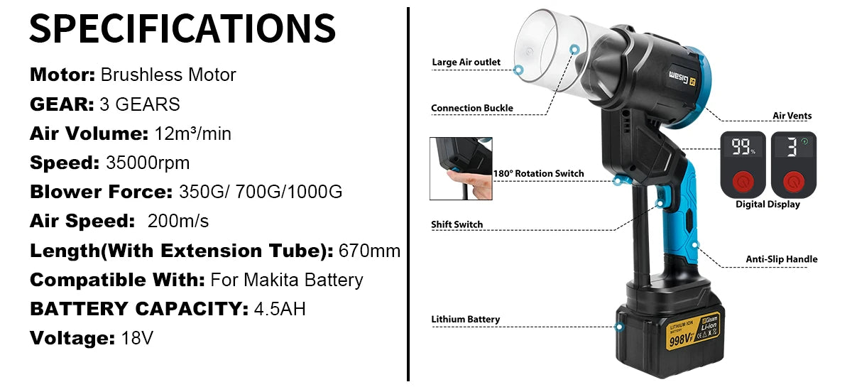 Makita Compatible 18V Gisam 35000RPM Brushless Electric Air Blower 2in1 Turbo Blower Fan Leaf Dust Snow Blowing Clean Tool For Makita 18V Battery Pin
