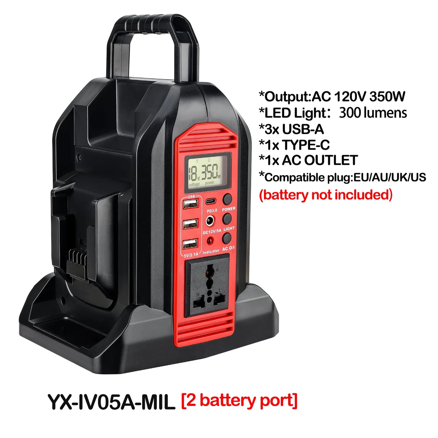 Milwaukee Compatible 18V JV 350W Power Supply Inverter For Milwaukee M18 18V Battery 4-Port to AC 110-120V/220-230V 300LM LED Light 4 USB Output for Outdoor
