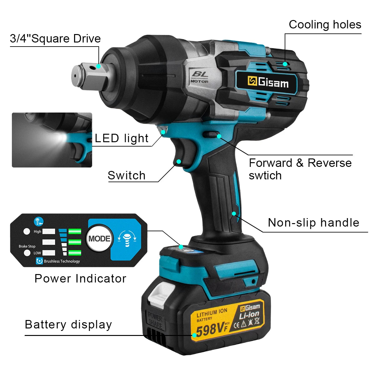 Makita compatible 18V Gisam 3100N.M High Torque Brushless Electric Impact Wrench 3/4 inch Cordless Electric Wrench Tools For Makita 18V Battery Pin