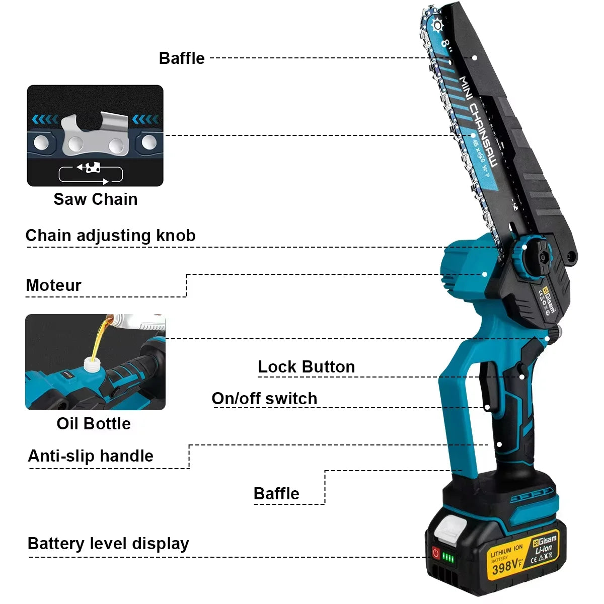 Makita Compatible 18V Gisam 8 Inch Brushless Electric Chainsaw Cordless Electric Saw Woodworking Garden Pruning Saw Tool For Makita 18V Battery Pins