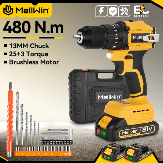 Makita Compatible 18V MELLWIN 13MM 25+3 Brushless Electric Hammer Drill Handheld Cordless Flat Drill Screwdriver Power Tools For Makita 18VBattery Pin