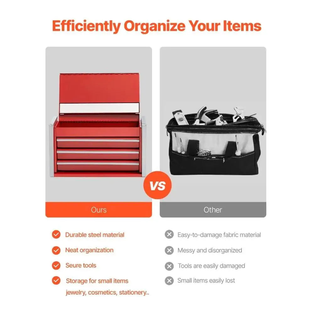 Toolbox Red Portable Metal Tool Box with 3 Drawers Tool Organizer for Home Garage and Workshop Storage