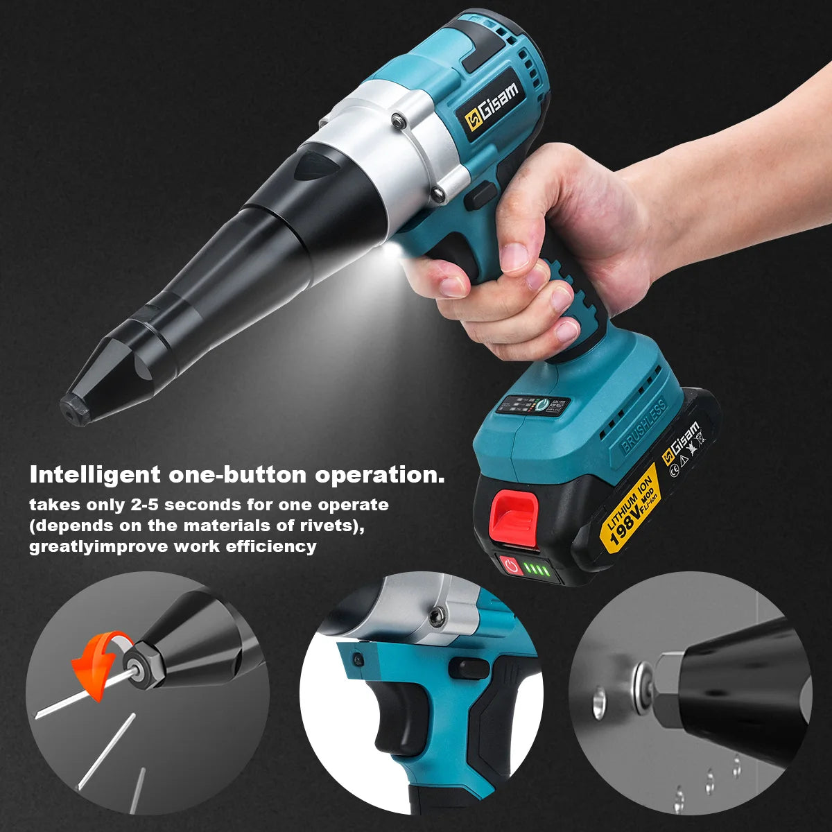 Makita compatible 18V Gisam 25000N Brushless 18V Electric Rivet Gun Cordless Rivet Nut Gun Drill Insert Automatic Riveting Tool For Makita 18V Battery Pin